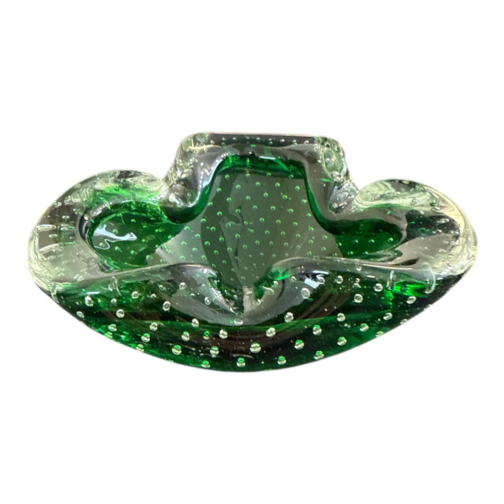 Vintagea Green Glass Ashtray with Controlled Bubble Design, Decorative Cigar Hol